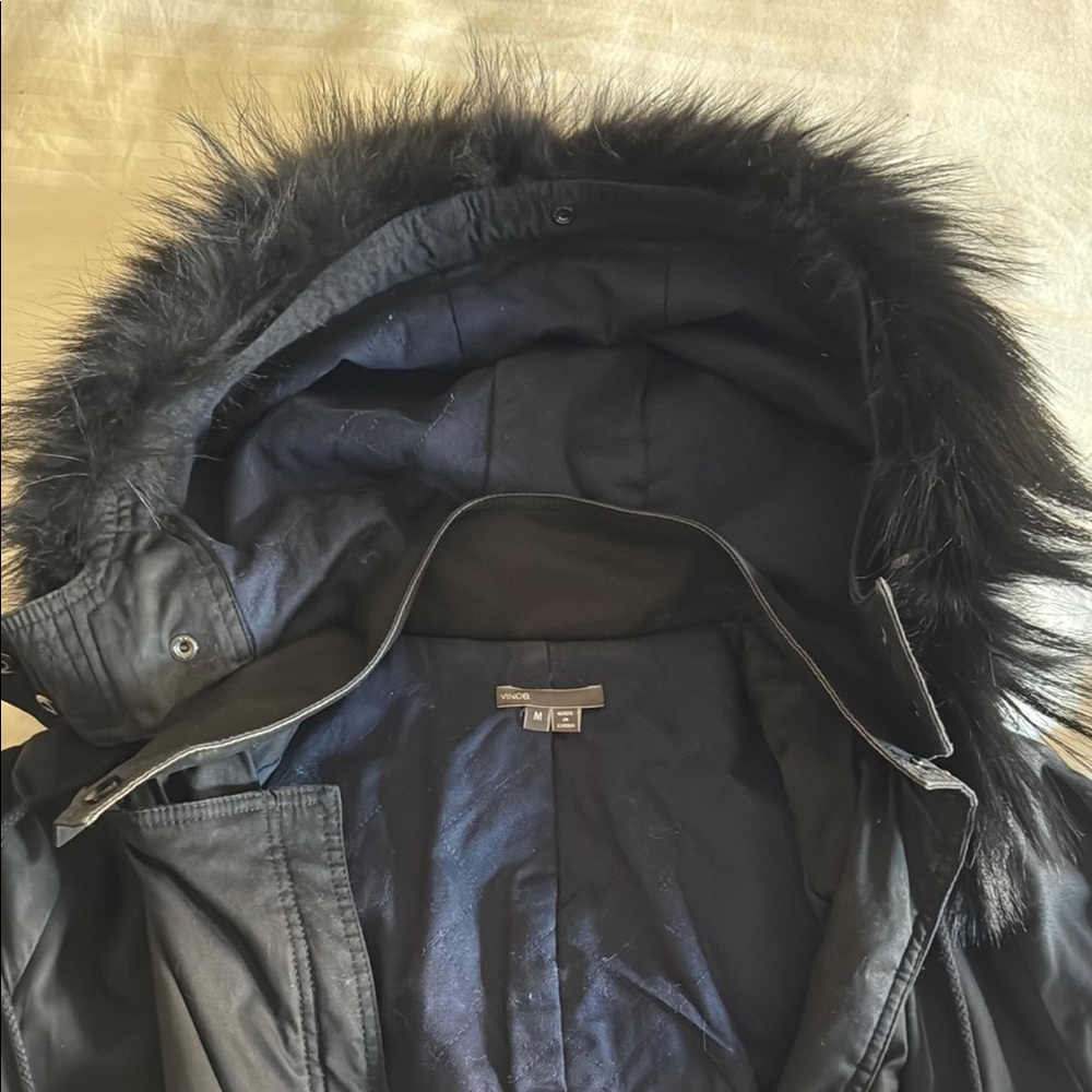 Vince Black Hooded Parka with Faux Fur Trim